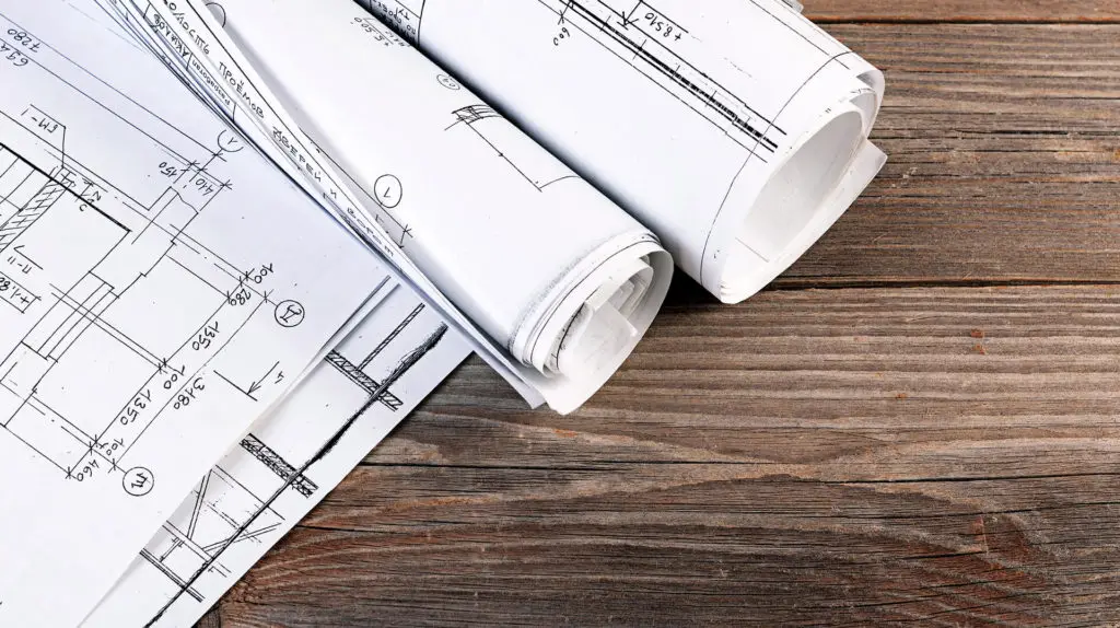 A close up of rolled up construction plans on top of a table.