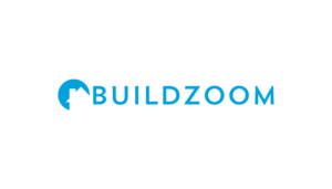 A blue and white logo of buildzoon